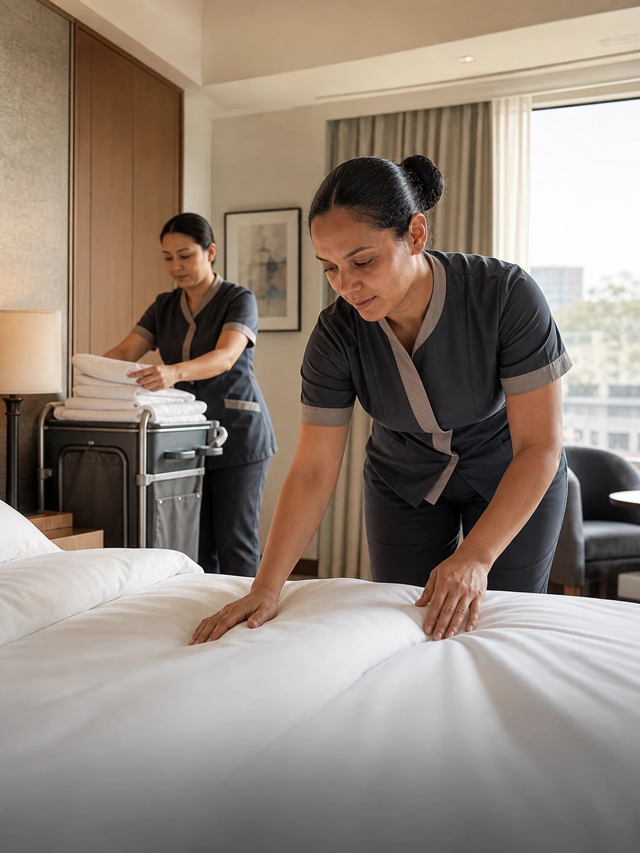 Hotel housekeeping team preparing a guest room